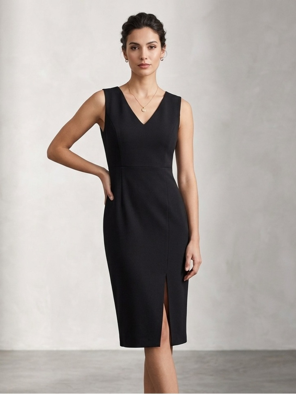 DKNY Black Sheath Midi Dress V-Neck Sleeveless with Gold Back Accents